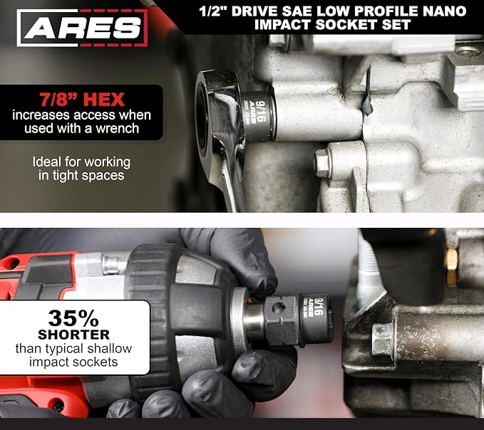 ARES 29021 – 11-Piece 1/2-Inch Drive SAE Low Profile Nano Impact Socket Set – Impact Grade Sockets Offer Greater Clearance Than Typical Shallow Sockets – Includes Aluminum Storage Rail