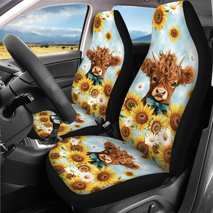 Highland Cow Sunflower Print Car Seat Covers Full Sets 18 Pieces Highland Cow and Sunflower Car Interior Accessories Sets Soft Car Seat Belt Pads Cover Car Trash Can Car Headrest Covers