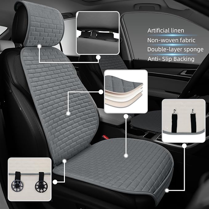 Linen Car Seat Covers Front Seat Covers - 2 PCS Durable & Non-Slip Breathable Cloth Fabric Car Seat Protector, Universal Fit for Most Automotive, Vans, SUVs, Trucks - Dark Gray