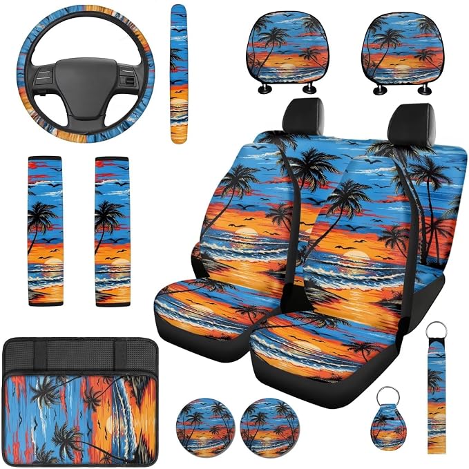 Bulopur Tropical Palm Tree Sunset Car Seat Covers Full Set with Matching Steering Wheel Cover Console Armrest Cover Car Accessories Seat Belt Covers Headrest Covers Car Interior Decor