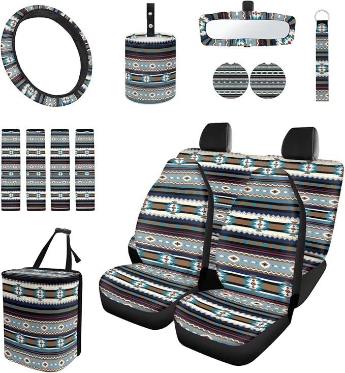 Aztec Stripes Car Accessories Car Seats Cover Protector, Steering Wheel Cover, Seatbelt Cover, Vehicle Trash Can, Cup Coasters, Rearview Mirror Cover, Keychains, Pack of 15