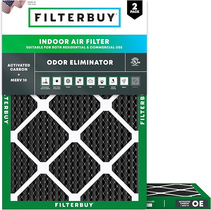 Filterbuy 20x23x1 Air Filter MERV 10 Odor & Allergy Defense with Activated Carbon (2-Pack), Electrostatic Pleated HVAC AC Furnace Filters Replacement (Actual Size: 19.50 x 22.50 x 0.75)