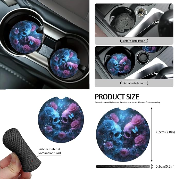 Skull Butterfly Rose Print Car Accessories Set of 15 Car Seat Covers Seatbelt Strap Pad Steering Wheel Cover Air Vent Storage Bag Rear View Mirror Cover Trash Cans Cup Holder Key Chain