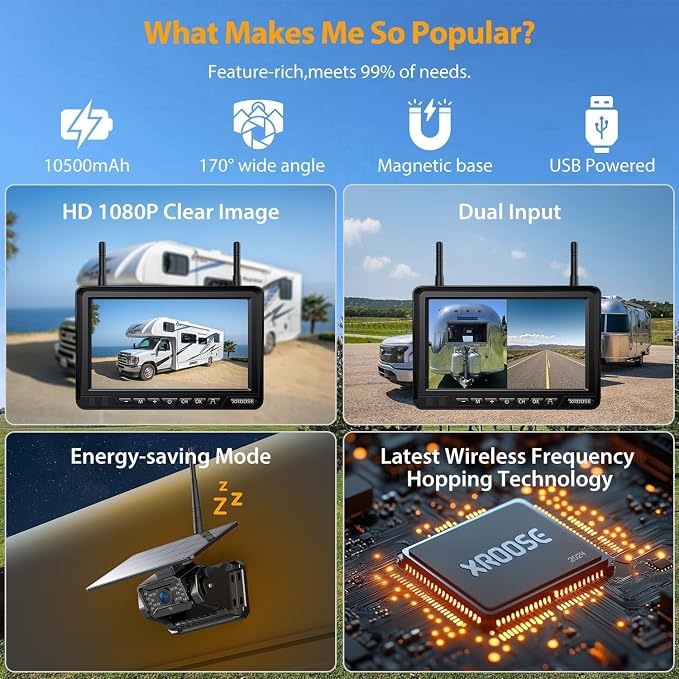Magnetic Solar Wireless Backup Camera Plug and Play 7" 1080P HD DVR IPS Monitor,IR Night Vision,IP69 Waterproof 1-Min Solar Install,No-Drill,Xroose Wireless Backup Camera for Truck/Trailer/Camp
