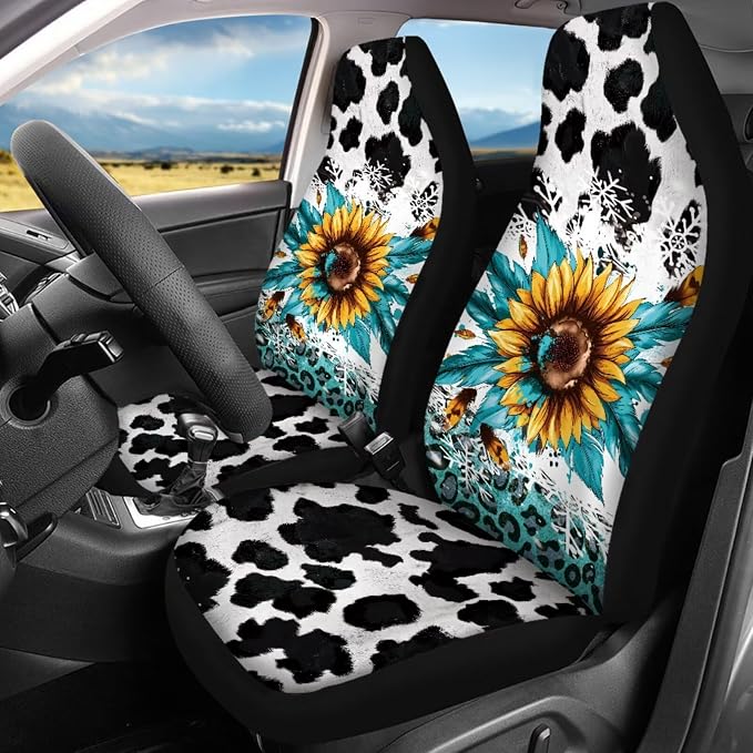 Cow Print Car Accessories Full Set for Women Man,17Pcs Sunflower Car Seat Covers Sets with Front and Split Rear Bench,Auto Front Rear Foot Carpet,Auto Seat Belt Cover,Cup Mats,Universal Fit