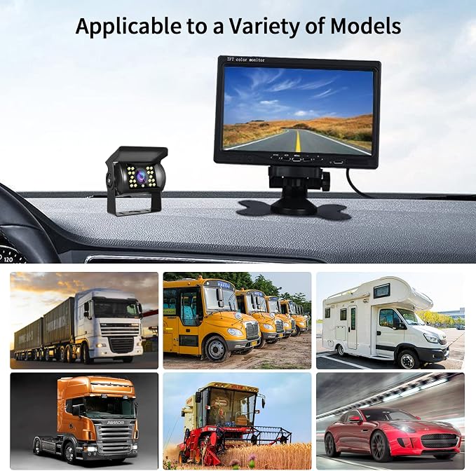 Dual Backup Camera Monitor System for Truck, RVs,-7 Inch LCD Screen with 2 Cameras, IP68 Waterproof, 18IR Night Vision, Rear View Camera 4-Pin Cable for Car, Trailer/Bus/Van/Caravan (12V-24V)