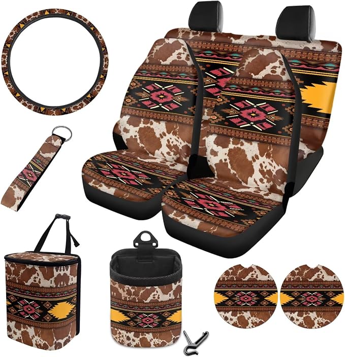 Geometric Brown Print Car Seat Cover Stretch Car Garbage Can Steering Wheel Cover Vehicle Car Trash Can Air Vent Pouch Coaster Lanyard Keychain Automobile Interior Set, Pack of 10