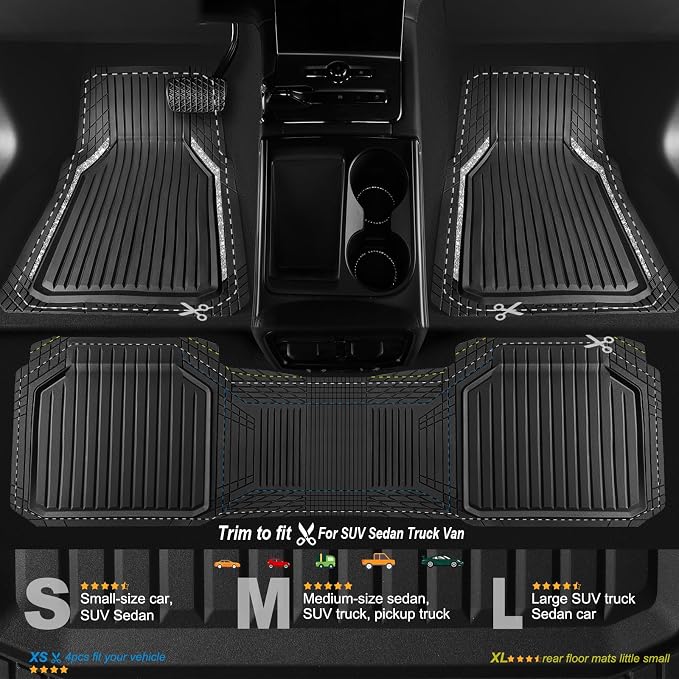 CAR PASS Glitter Heavy Duty Rubber Floor Mats for Car, Waterproof Liner Deep Dish Bling Car Mats Full Sets, Universal Trim to Fit for SUV Truck Sedans Vans, All Weather Floor Mats, Silver Sparkly