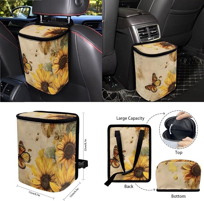 Butterfly Sunflower Print Car Seat Covers Full Set with Steering Wheel Cover Safety Belt Pads Rearview Mirror Cover Garbage Bag Car Air Vent Organizer Cup Cushions for Women