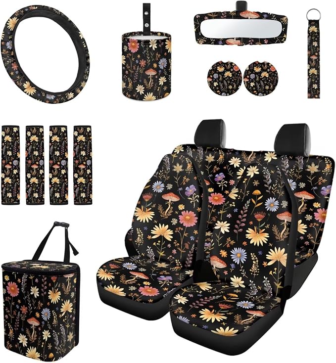 Mushroom Car Aaccessories Full Set of 15 Pcs, Dasiy Car Seat Covers Set with Rear View Mirror Cover,Steering Wheel Covers,Car Trash Can with Lid for Women Man,Universal Fit