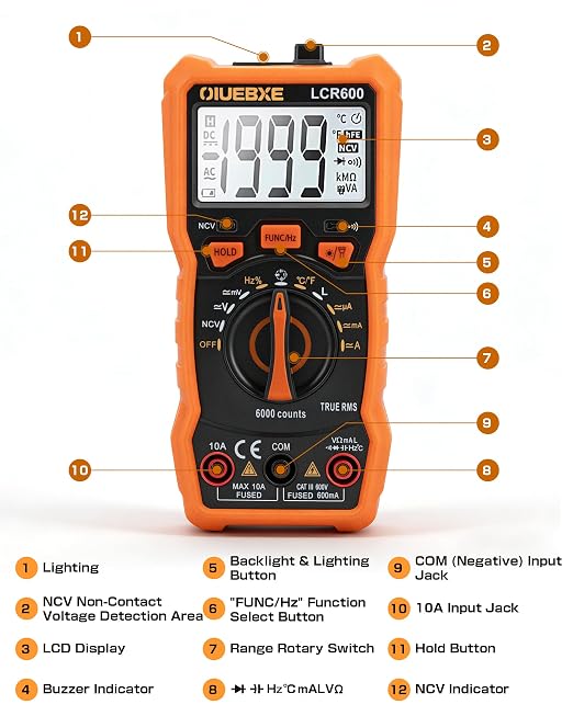 LCR600 Fast Testing Digital Multimeter with Inductance Meter, Auto-Ranging LCR Tester for DIY Electronics, AC/DC Voltage Current, Resistance, Capacitance, Frequency,Temperature