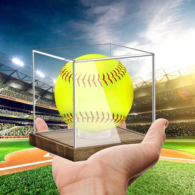 Hooqict Softball Display Case Clear Acrylic Ball Holder UV Protected with Wood Base Stand, Softball Case Display Box Championship Square Box for Golf Tennis Game Ball Baseball