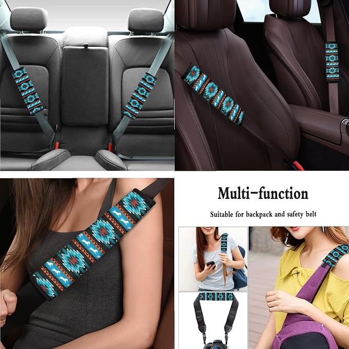 Aztec Western Car Seat Cover Full Set with Tibal Horse Car Seat Cover Steering Wheel Cover, Shoulder Pads, Aztec Auto Seat Covers Car Accessories Universal Fit for Most Cars, Blue