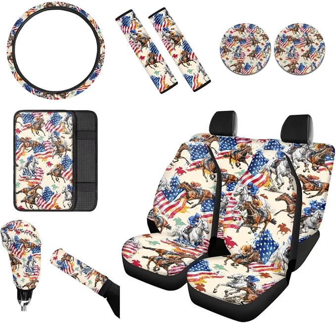 Wanyint Kentucky Horse Racing Car Seat Cover Full Set 12 PCS, with Steering Wheel Seat Belt Cover Armrest Pad Coasters Handbrake Gear Shift Knob Set Auto Accessories Decor, American Flag Horse Beige