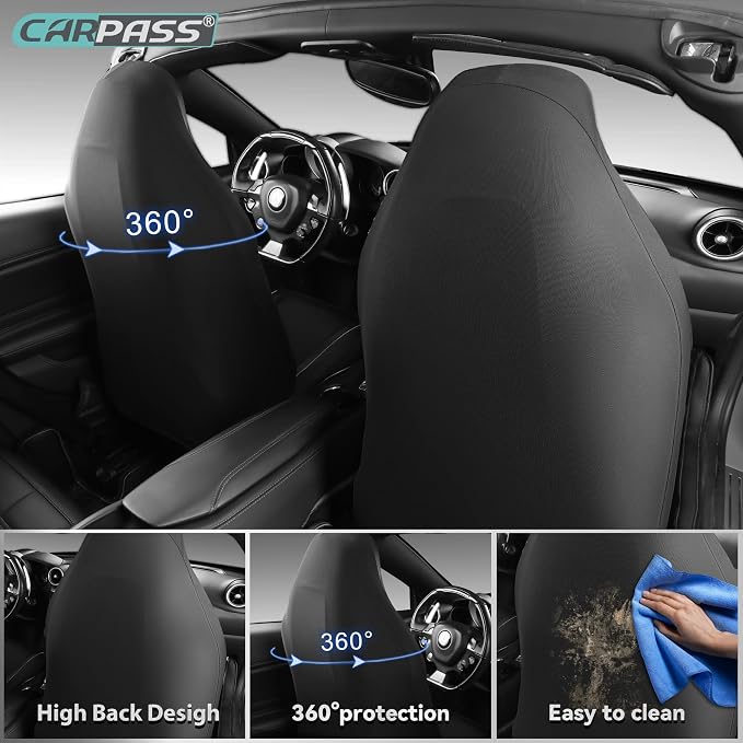 CAR PASS High Back Car Seat Cover Two Front Seats, Sporty Carbon Fiber 3D Waterproof Oxford Luxury Leather All Weather Bucket Seat Cover, Airbag Compatible Universal Fit Car Suv Sedan Truck Black Gray