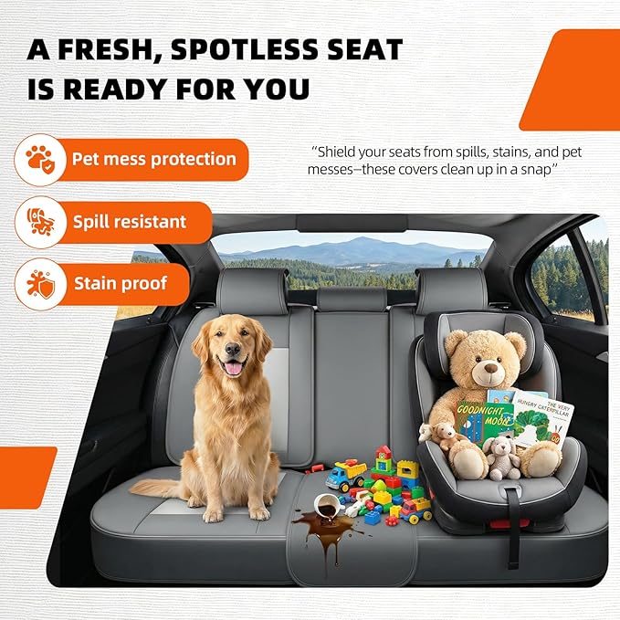 5-Seater Car Seat Covers Full Set Waterproof and Breathable Nappa Leather, Fit for Front and Rear Seats of Cars, Compatible with Airbags, Car Seat Protector Covers for Most Cars - Light Gray