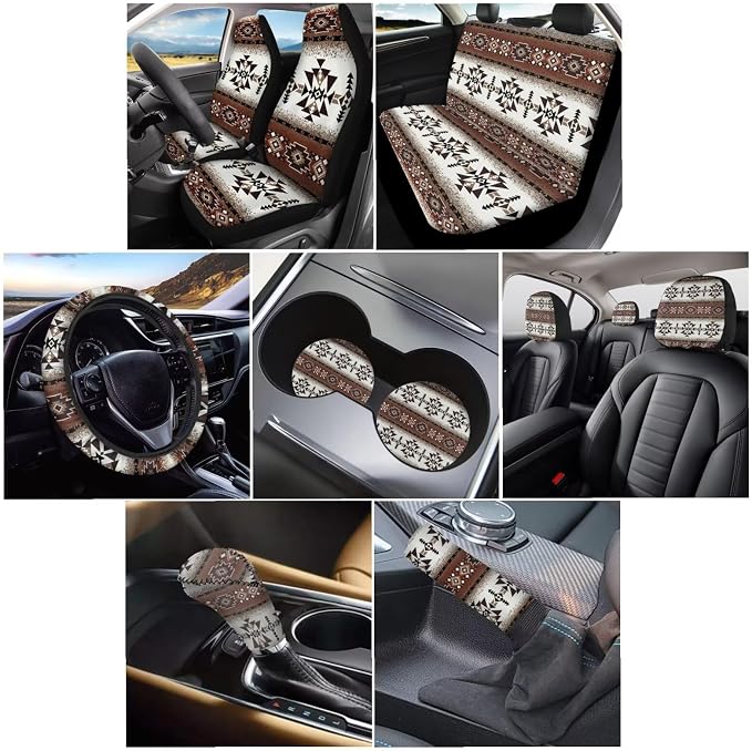 Wanyint Car Accessories Car Seat Cover Full Set Pack of 11, with Steering Wheel Gear Shift Knob Handbrake Headrest Cover Coasters Auto Decor, Southwest Aztec Dark Brown