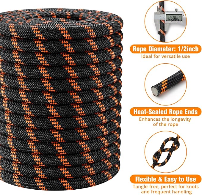 Double Braided Arborist Rigging Rope - 1/2 in X 150 ft 48 Strands Rappelling Outdoor Pulling Heavy Duty Polyester Bull Rope for Swing Tree Work Camping Rescue Hiking - Black