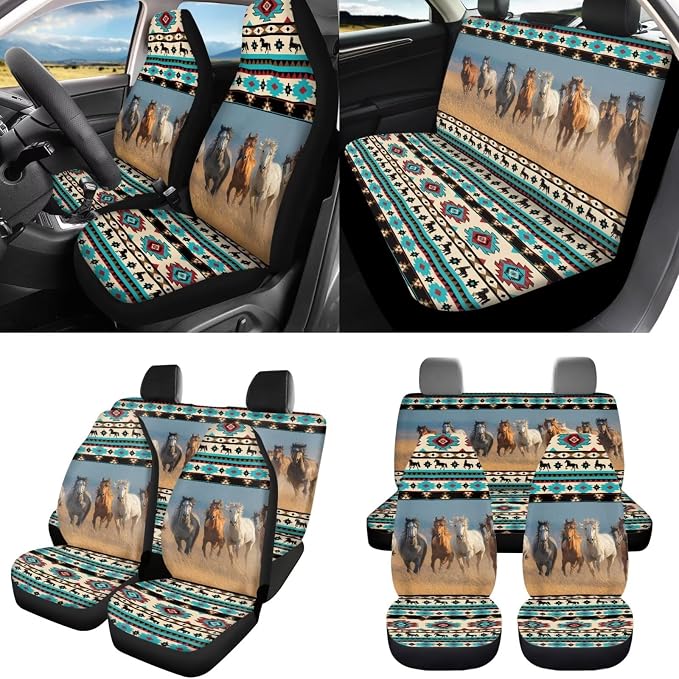 8 Pcs Western Horse Car Seat Covers Full Set Car Accessories for Women Front Seat Cover Steering Wheel Armrest Cover Seat Belt Cover for Auto SUV Interior Decoration