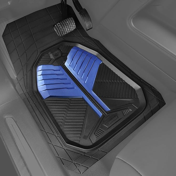 CAR PASS Heavy Duty Rubber Car Mats, Deep-Dish Car Floor Mats All Weather, Universal Two-Tone Trim-to-Fit for SUVs Trucks Sedans, Waterproof Anti-Slip, 3 Pieces V12 Black and Metallic Blue