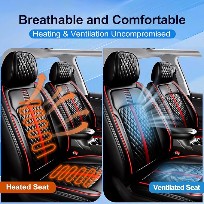 Fit ATS Car Seat Covers for Select Cadillac ATS 2013-2018 - Premium Full Coverage Leather, Airbag Compatible & Scratch-Resistant, Waterproof & All Weather Seat Protector, Full Set, Red Trim
