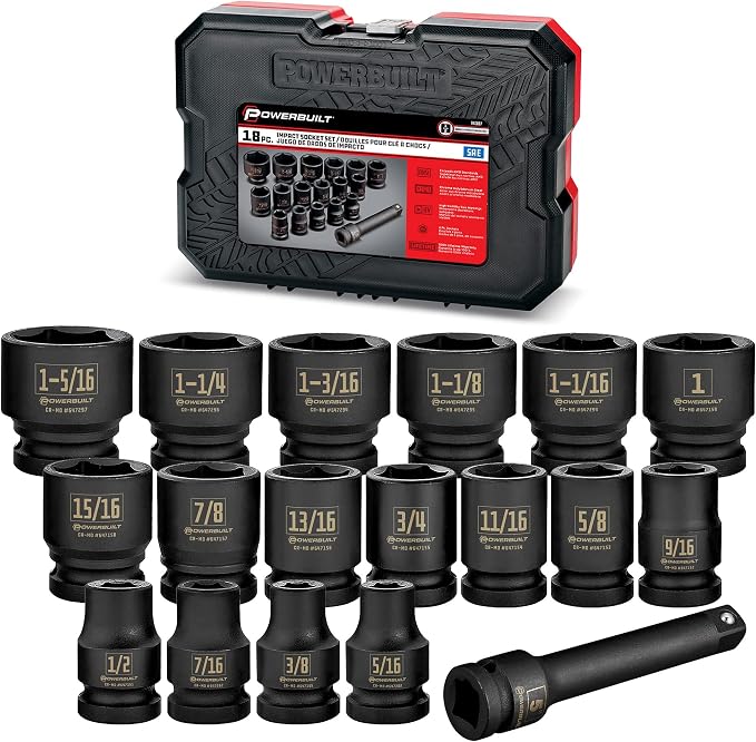 Powerbuilt Impact Socket Set, SAE 18 Piece, 1/2 Inch Drive Tools, 5 Inch Extension Bar, Z-Drive Sockets Grip, Storage Case - 940837