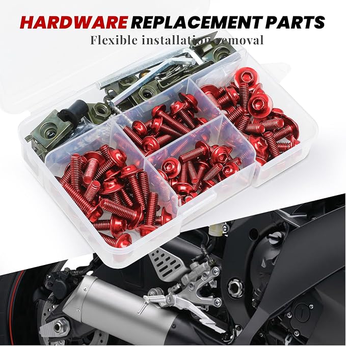 177Pcs Motorcycle Fairing Bolt Kit Red, M5 M6 Stainless Steel Windscreen Screws Fastener Clips Universal Fit for Kawasaki Suzuki Honda Yamaha BMW Ducati GSXR Sportbike Motorcycle