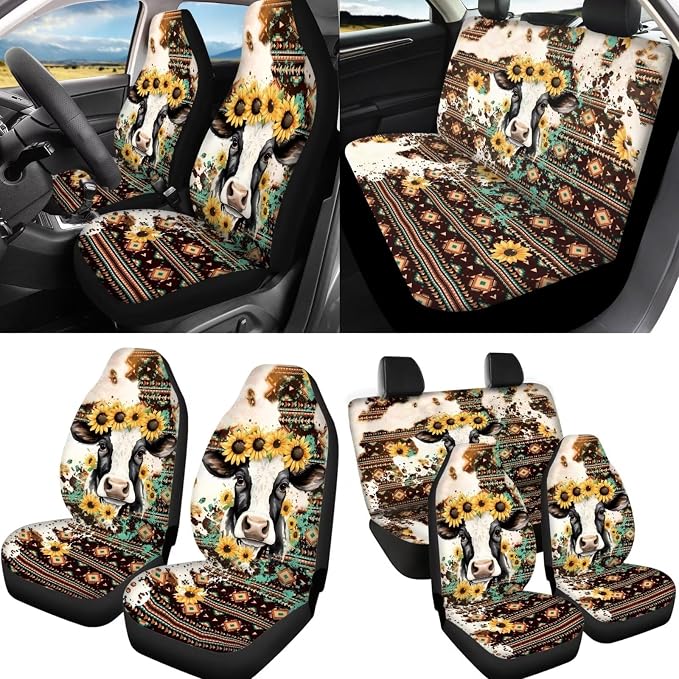 12pcs Cow Western Sunflower Auto Interior Set Cow Car Seat Cover+Coaster+ Keychain+Coaster+15 Inch Horse Auto Steering Wheel Cover+Seatbelt Pad for Men Women Car Decor Accessory