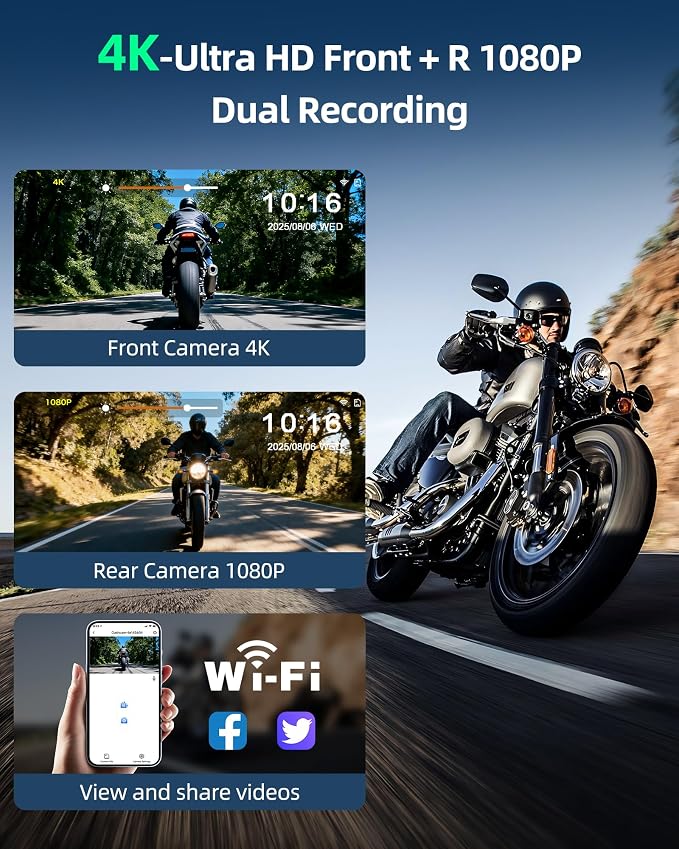 8.1" 4K Motorcycle CarPlay Screen w 4K Dash Cam Wireless Carplay Android Auto Screen for Motorcycle with GPS Navigation Voice Control WiFi Video Dual Bluetooth IPX7 Waterproof Wired Control