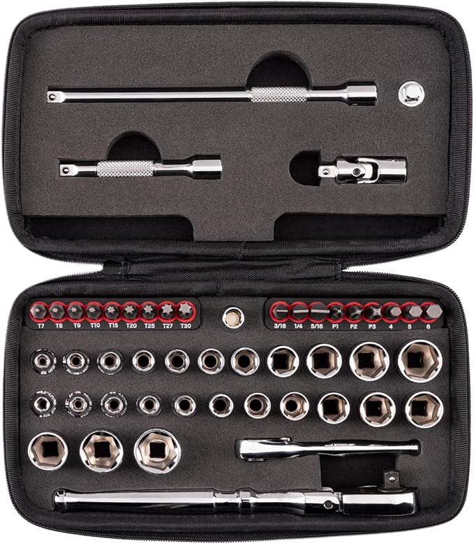 TEKTON 1/4 Inch Drive 6-Point Small Engine Shallow Socket, Bit, and Flex Head Non-Quick-Release Ratchet Set with Case (50-Piece) | SKT07903