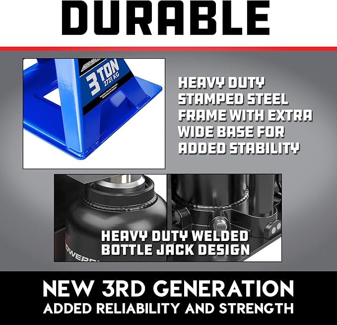 POWERBUILT 3 Ton All-in-One Hydraulic Bottle Jack and Jackstand in One, Compact, Wide Base, 11-21 Inch Range, Eliminates Jackstands, for Trucks, SUVs, RVs, Trailers, ASME, Not for Sedans - 640912