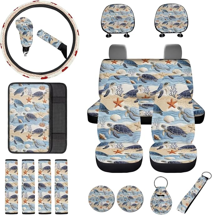 Sea Turtle Print Automotive Seat Covers & Accessories Starfish Shell Print Car Front Rear Seat Covers with Steering Wheel Cover Center Console Pad Seatbelt Pads Headrest Protectors