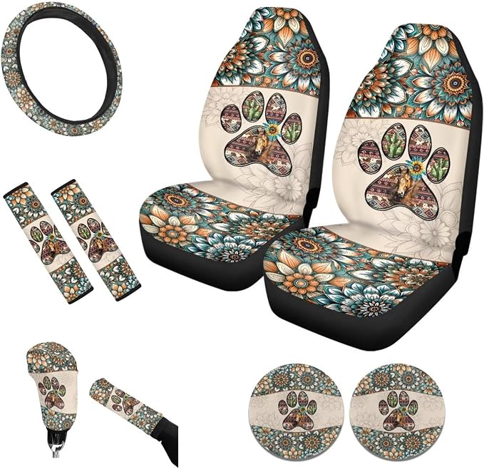 Tupalatus Fashion Car Seat Covers Front Set of 9 with Steering Wheel Cover Auto Seat Belt Cover Coasters Gear Shift Cover Hand Brake Cover Automotive Interior for Men Women Paw Print Flower