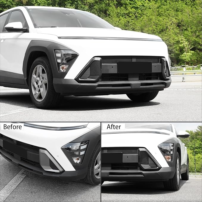 ABS Front Bumper Side Air Vent Cover Fog Light Lamp Decor Cover Front Bumper Middle Mesh Cover Compatible with Hyundai Kona 2024 2025 SX2 Accessories (Carbon Fiber Style)