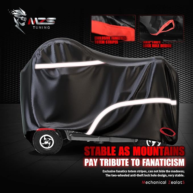 MZS Mobility Scooter Cover, 420D Waterproof Outdoor Protection Electric Scooter Storage Cover Accessories fit up to 48 inch 3 or 4 Wheel Scooters - Vents Night Reflective Buckle Lock-Holes Bag