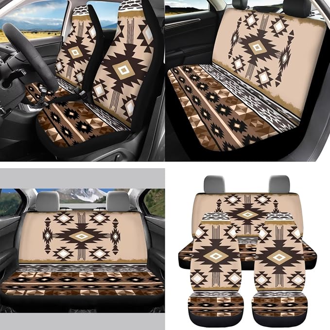 Ethnic Geo Car Seat Covers Set of 15 with Universal Steering Wheel Cover, Rearview Mirror Cover, Car Trash Can, Seatbelt Pads, Cup Holder Coasters, Keychains