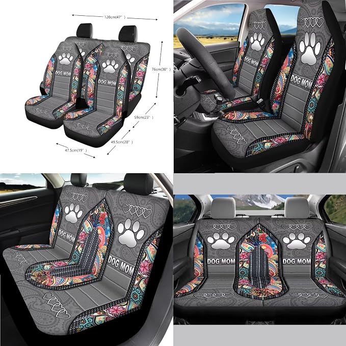 Dog Paw Print Car Seat Covers Full Set Dog Mom Print Front and Rear Car Seat Covers with Gear Lever Cover Handbrake Cover Garbage Bag Safety Belt Pads Cup Cushions, Gray