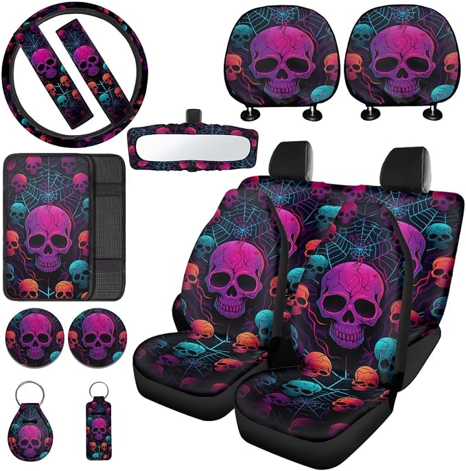 Skull Printed Car Front Rear Seat Covers Spider Web Print Steering Wheel Cover Matched Seatbelt Covers Waterproof Lipstick Holder Keychain Headrest Covers Universal Fit Most Vehicles