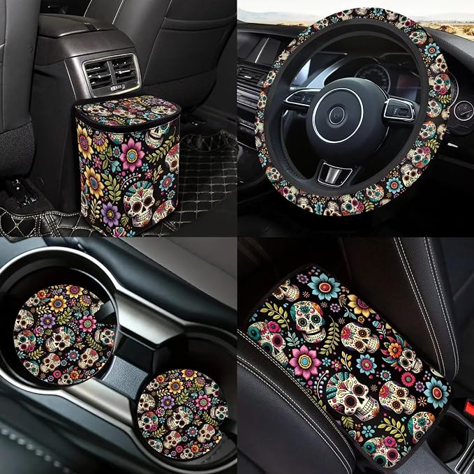 Sugar Skull Car Seat Covers Full Sets 18 Pcs Gothic Skeleton Car Interior Accessories Car Headrest Covers Car Seat Belt Pads Cover Auto Trash Bag Steering Wheel Cover Armrest Box Pad