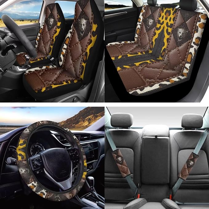 Lotusorchid Leopard Print Automotive Seat Covers Full Set, Removable Car Front and Back Seat Covers and Car Shift Knob Cover, Universal for Most Vehicles, Truck, SUV
