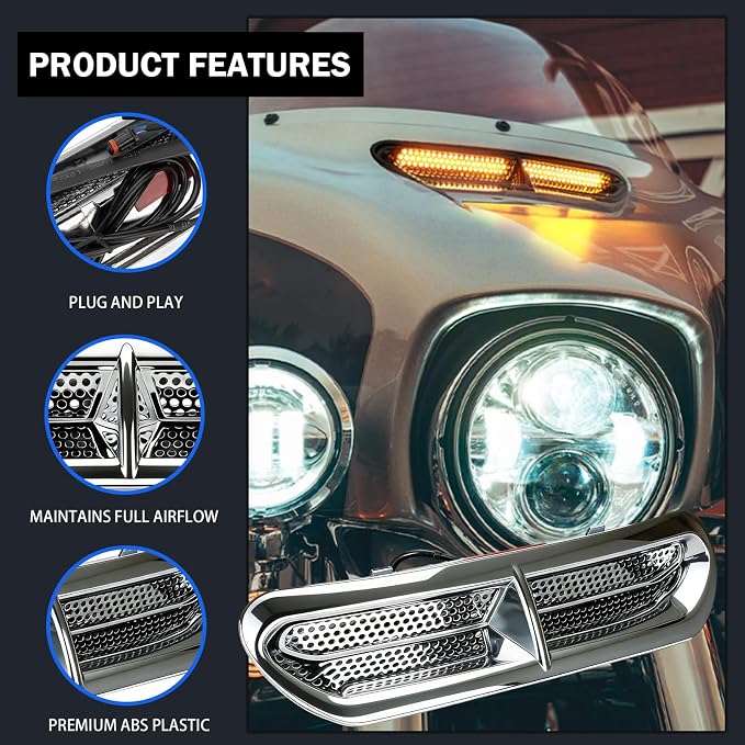 Motorcycle LED Fairing Vent Light, Windshield Vent Lights, Fits For 2014-2023 Harley Touring Street Glide, Electra Glide | Turn Signal Light & Running Light | Windshield Vent Trim