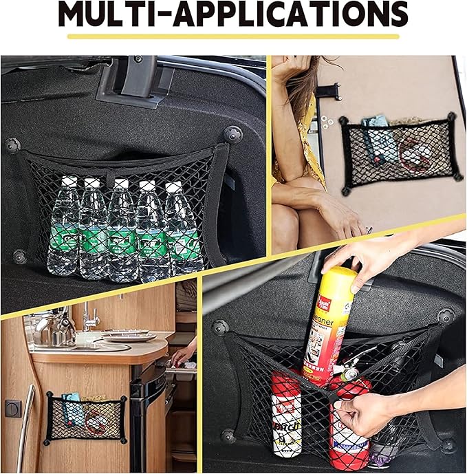 [4 Pack] Cargo Storage Net, 13.8x9.8'' DEDC Cargo Net Pocket, Universal Accessories Elastic Automotive Small Cargo Net Storage Mesh Pocket with 16 Mounting Screws, Hooks for Truck Car SUV Boats