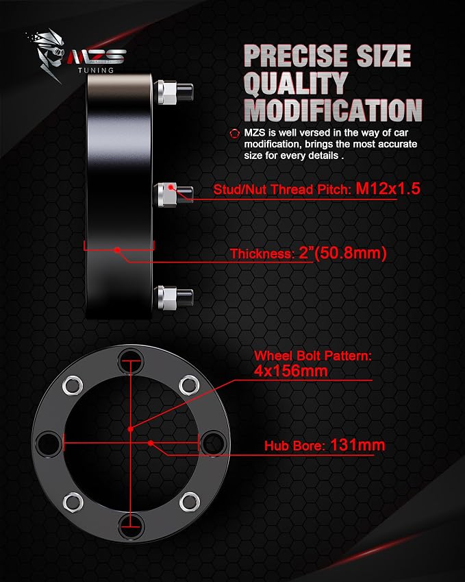 MZS 4x156 Wheel Spacers, 2" Thick 131mm Bore M12×1.5 Stud Compatible with 2013+ Ranger / 2014+ RZR XP 1000/2015+ RZR 4 Lug ATV UTV - Black Set of 4