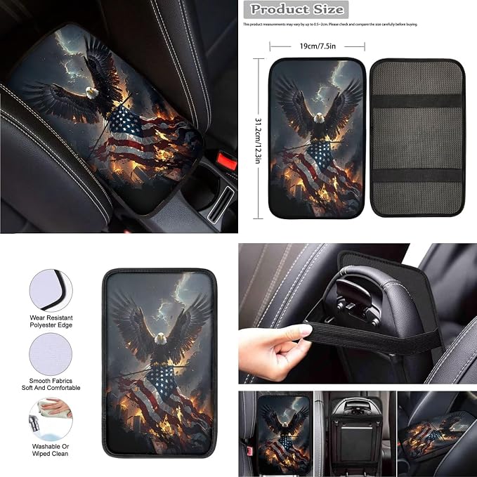 8 Pcs Eagle American Flag Design Car Accessories Set, Car Seat Covers Full Set with Auto Steering Wheel Cover Center Console Pad Seat Belt Covers, Patriotic Decorations
