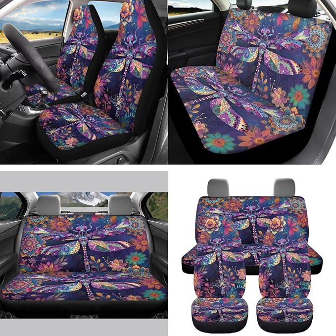 Boho Floral Dragonfly Auto Interior Accessories Car Seat Covers with Auto Steering Wheel Cover Seat Belt Covers Car Trash Can View Mirror Cover Coaster Keychains