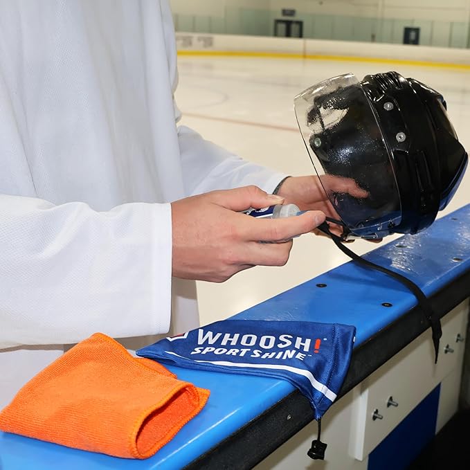 WHOOSH! Sport Shine 3.4 fl oz Eye Guard Cleaner Kit for Glasses, Goggles, Visors & Face Shields – Odorless, Non-Toxic & Streak-Free Clarity Lens Cleaner – 9x9” Microfiber Cloth & Storage Bag Included