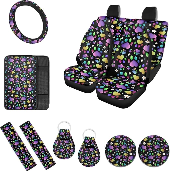 Dog Paw Car Seat Covers 12 Pcs Colorful Dog Paw Love Heart Car Seat Covers Front Rear Seat Protection with White Daisy,15 Inch Steering Wheel CoverSeatbelt Pad Keys Cup Pad Interior Sets