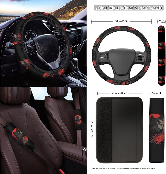 Moon Wolf Floral Print Car Accessories Full Set of 15 Car Seat Covers Steering Wheel Covers Seat Belt Strap Cover Trash Bag Air Vent Storage Holder Rear View Mirror Cover Keychain Coasters