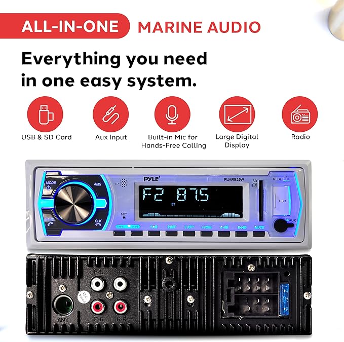 Pyle PLMRB29W Single-DIN In-Dash Digital Marine Stereo Receiver with Bluetooth (White)