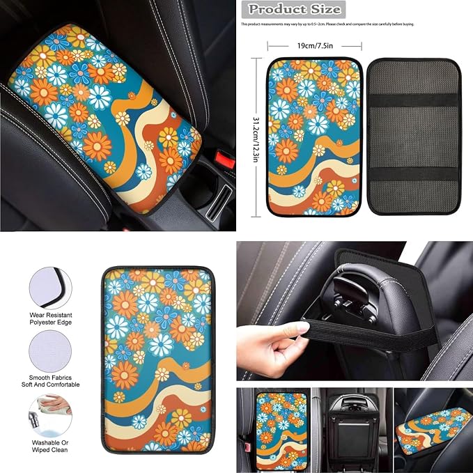 Hippie Floral Pattern Car Seat Covers Full Set for Women, Car Steering Wheel Cover Protector, Auto Center Console Pad, Auto Seat Belt Pads, 8 Pcs Automotive Interior Accessories
